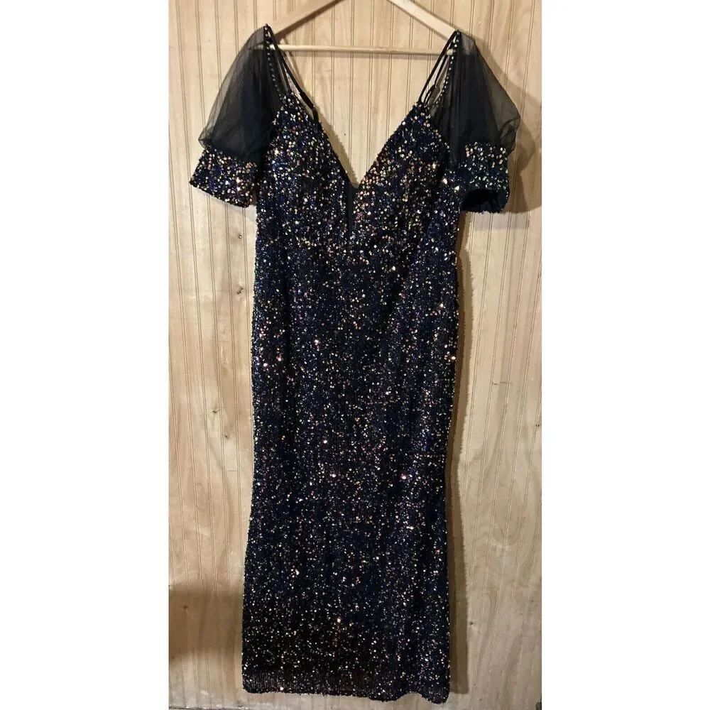 Miss Ord Evening Dress Womens 4XL Black V Neck Short Sheer Sleeve Gown Sequins
